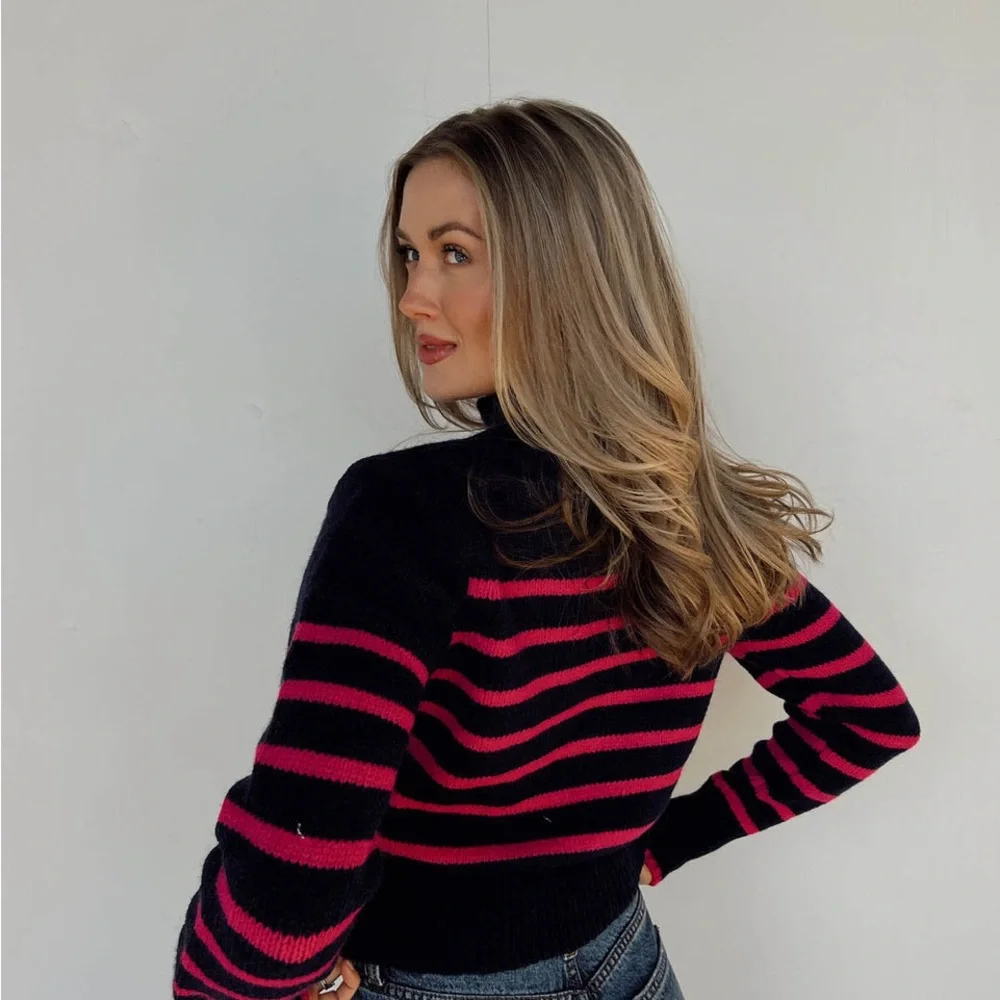 &merci Navy and Pink Striped Turtleneck Sweater Size Large - Picture 2 of 8